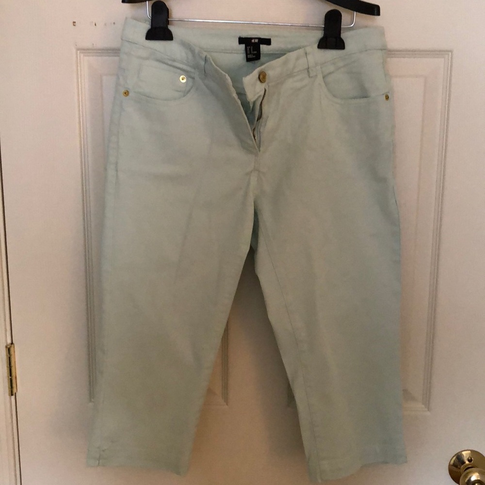 Light, pastel green capris